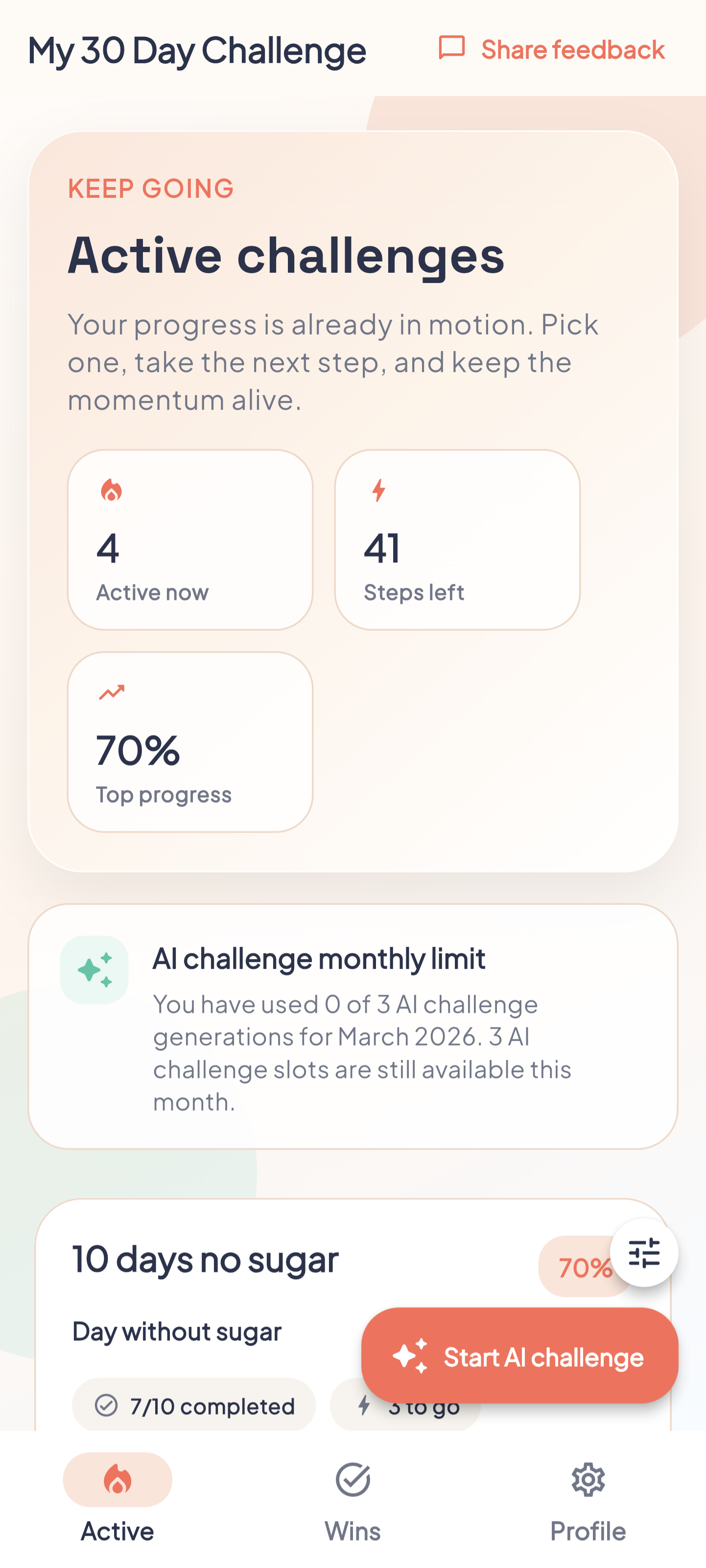 Active challenges screen with AI challenge entry point