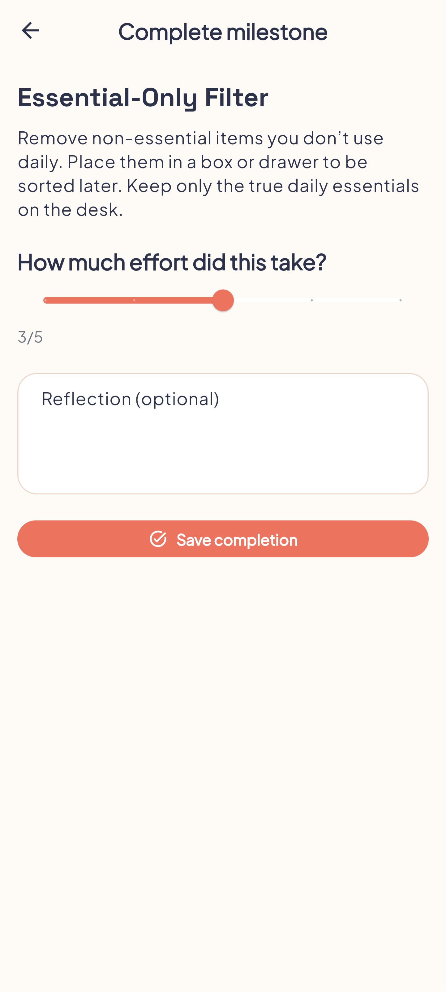 Milestone completion screen with effort slider and reflection
