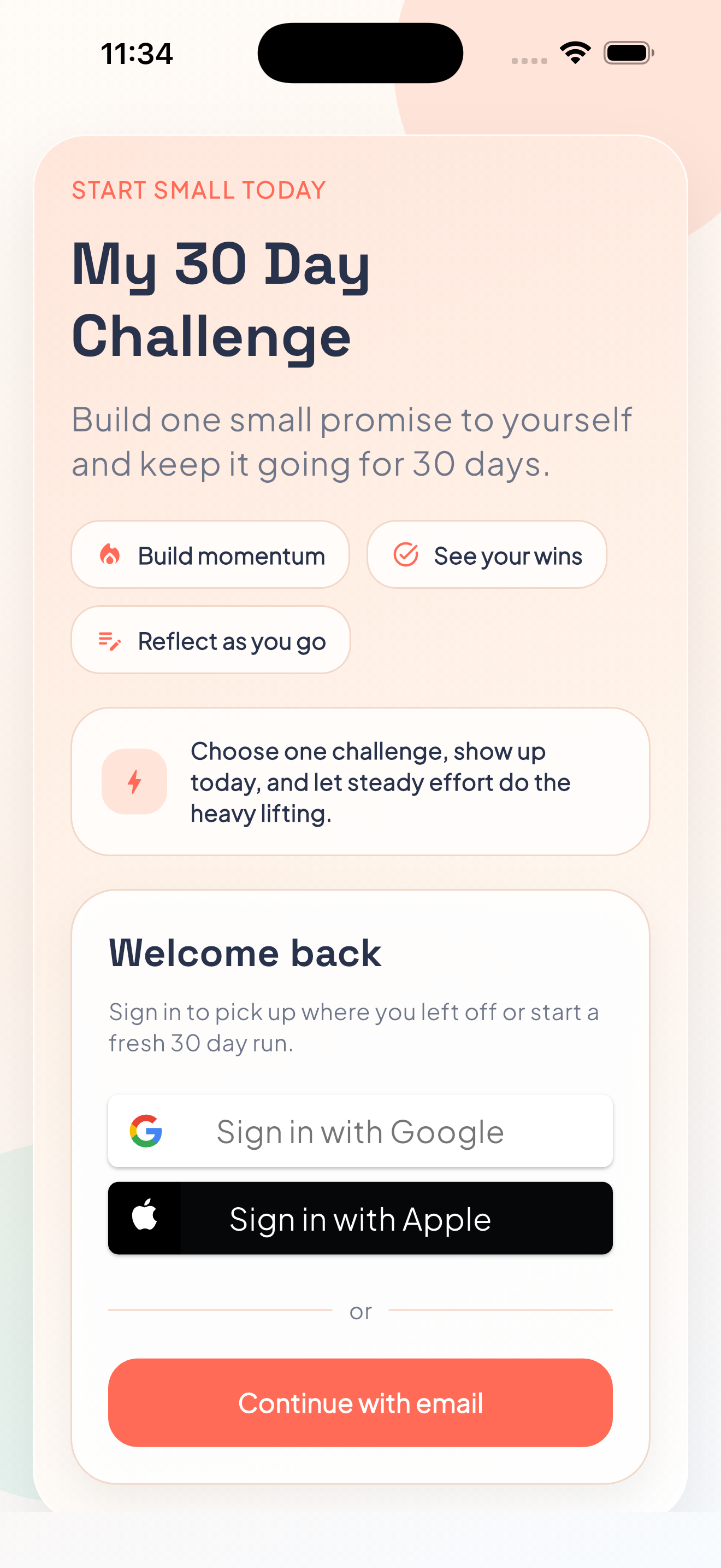 30 Day Challenge welcome screen with sign in options